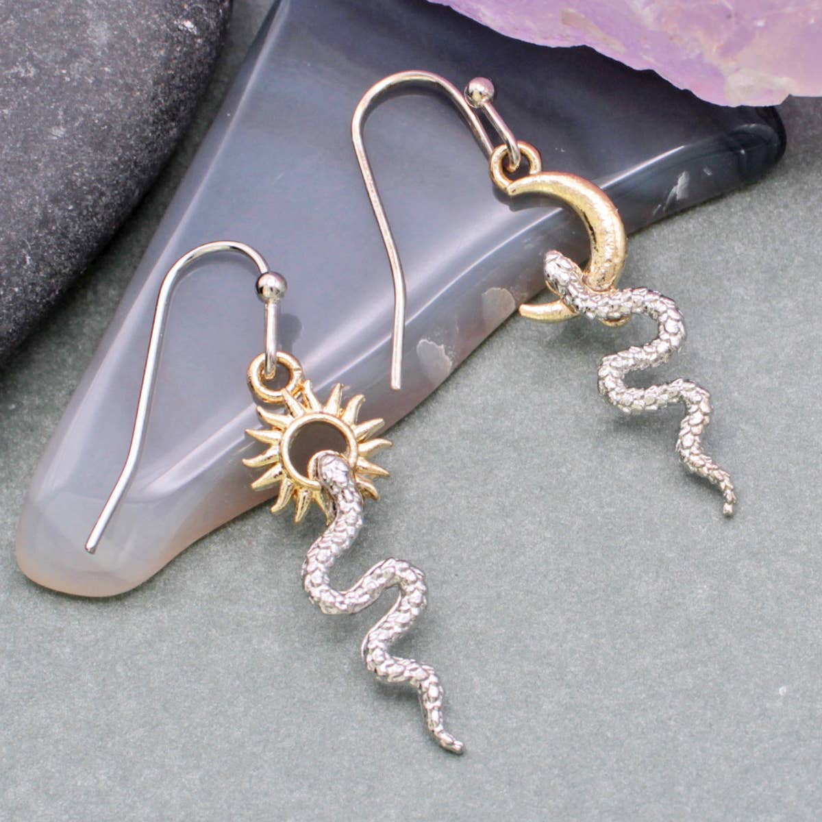 Celestial Serpent Sun Moon Gold Silver Earrings