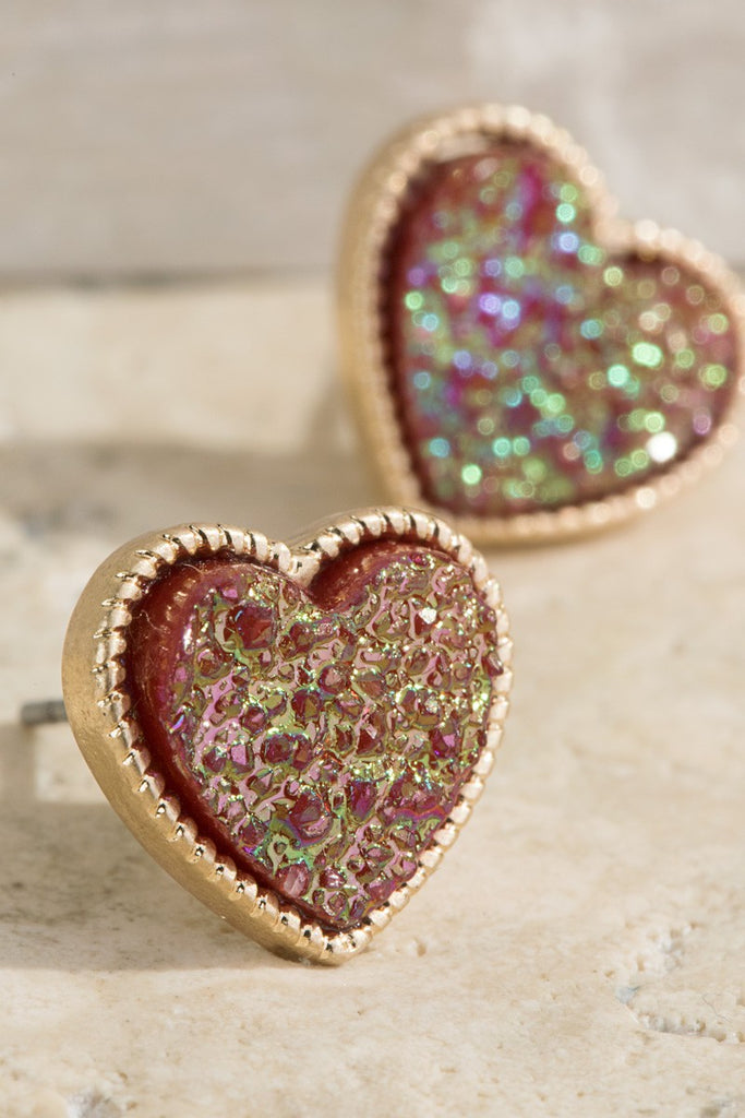 Merlot Druzy Heart Stud Earrings