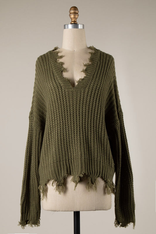 Distressed V-Neck Sweater