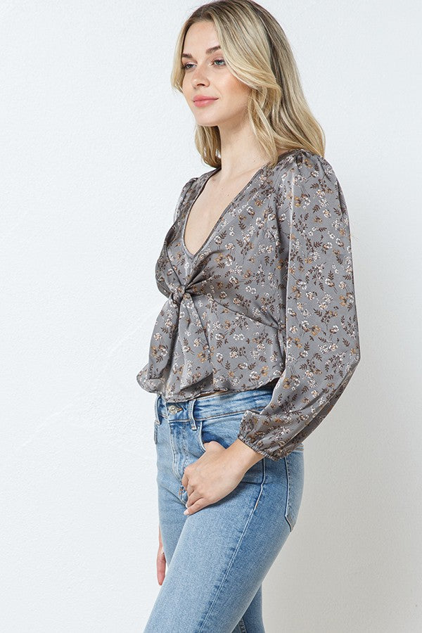 Floral Satin Front Tie Top