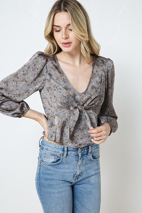 Floral Satin Front Tie Top