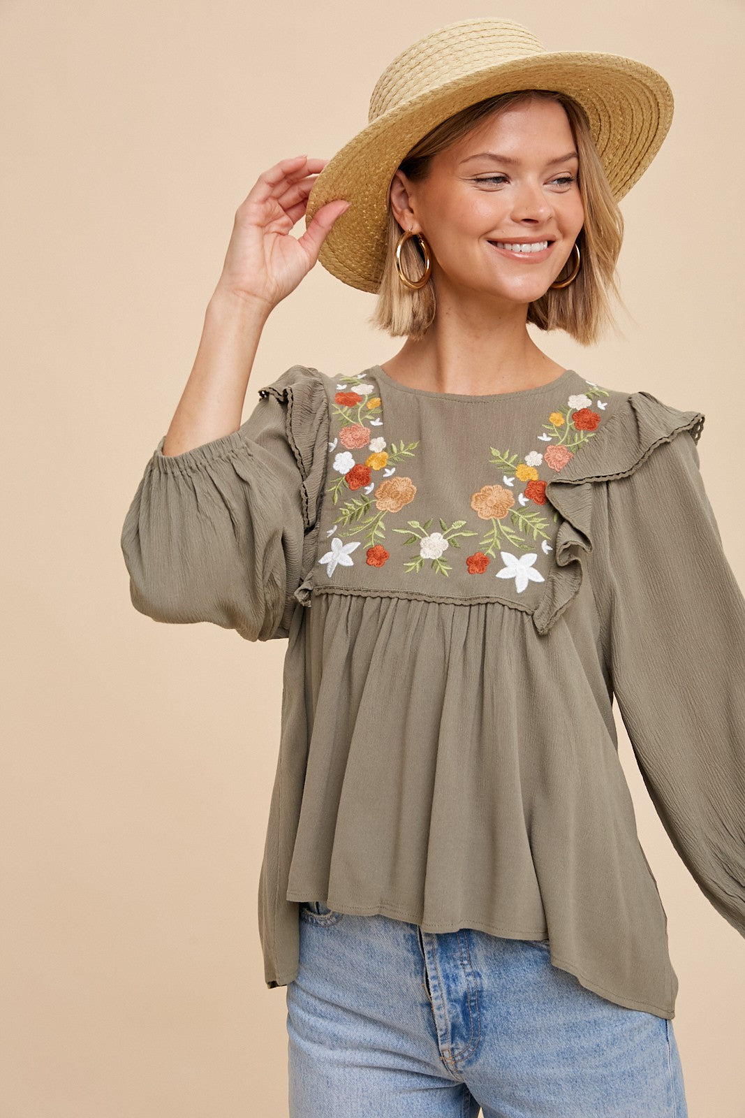 Embroidered Ruffle Shoulder Blouse