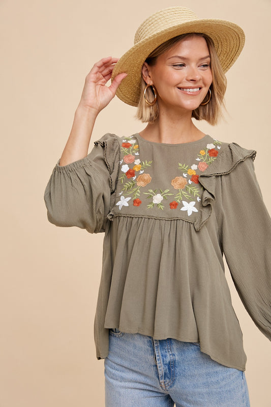 Embroidered Ruffle Shoulder Blouse