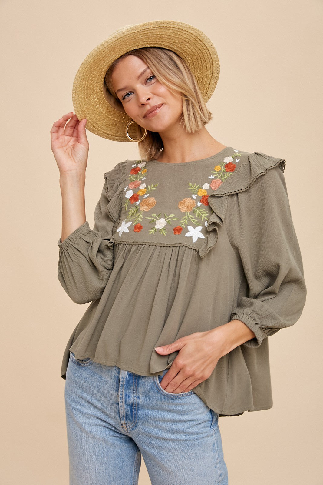 Embroidered Ruffle Shoulder Blouse