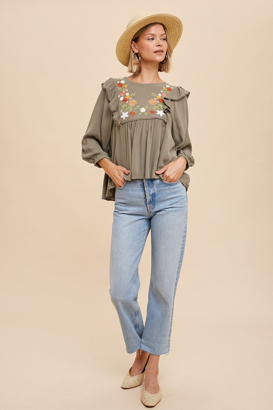 Embroidered Ruffle Shoulder Blouse