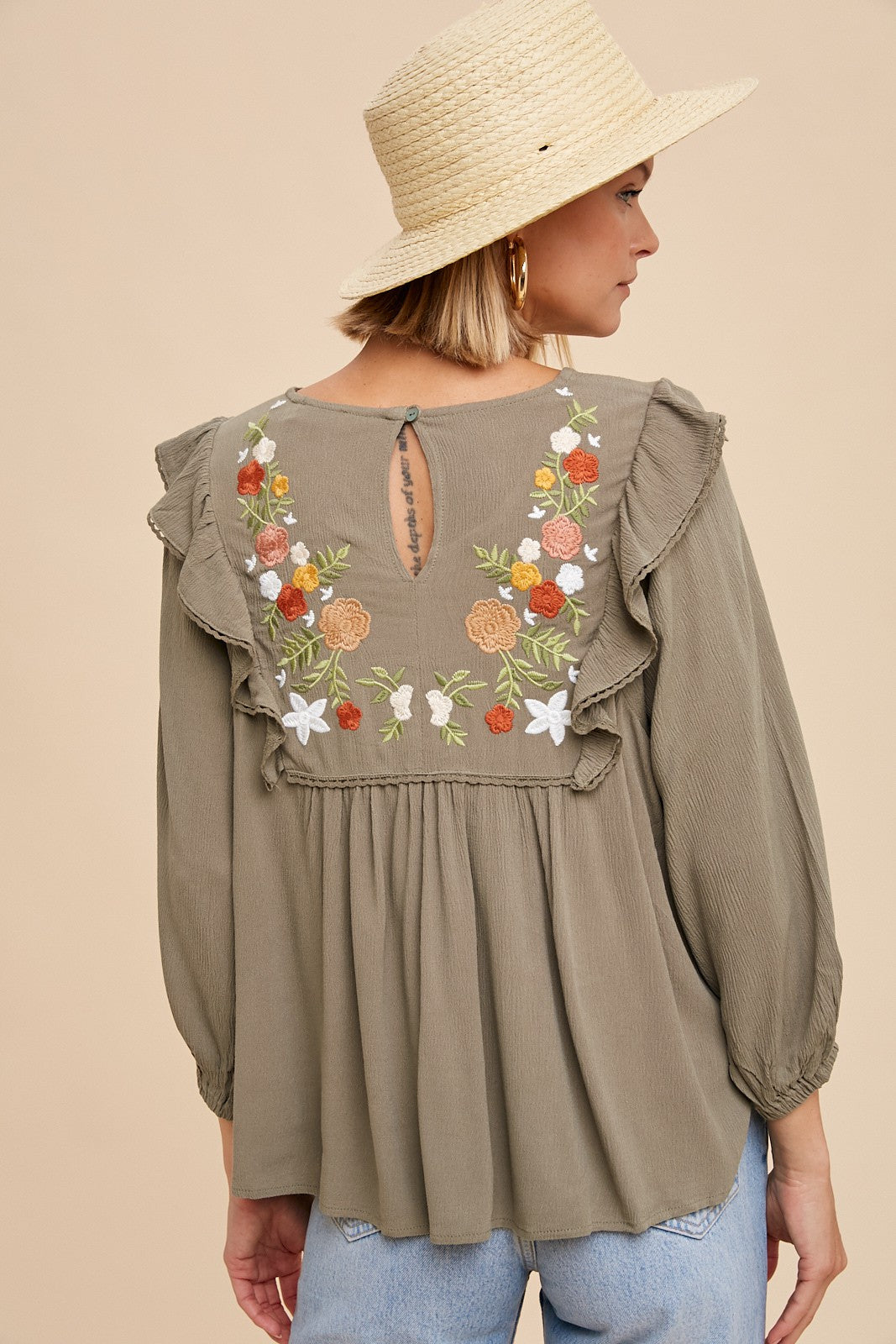 Embroidered Ruffle Shoulder Blouse