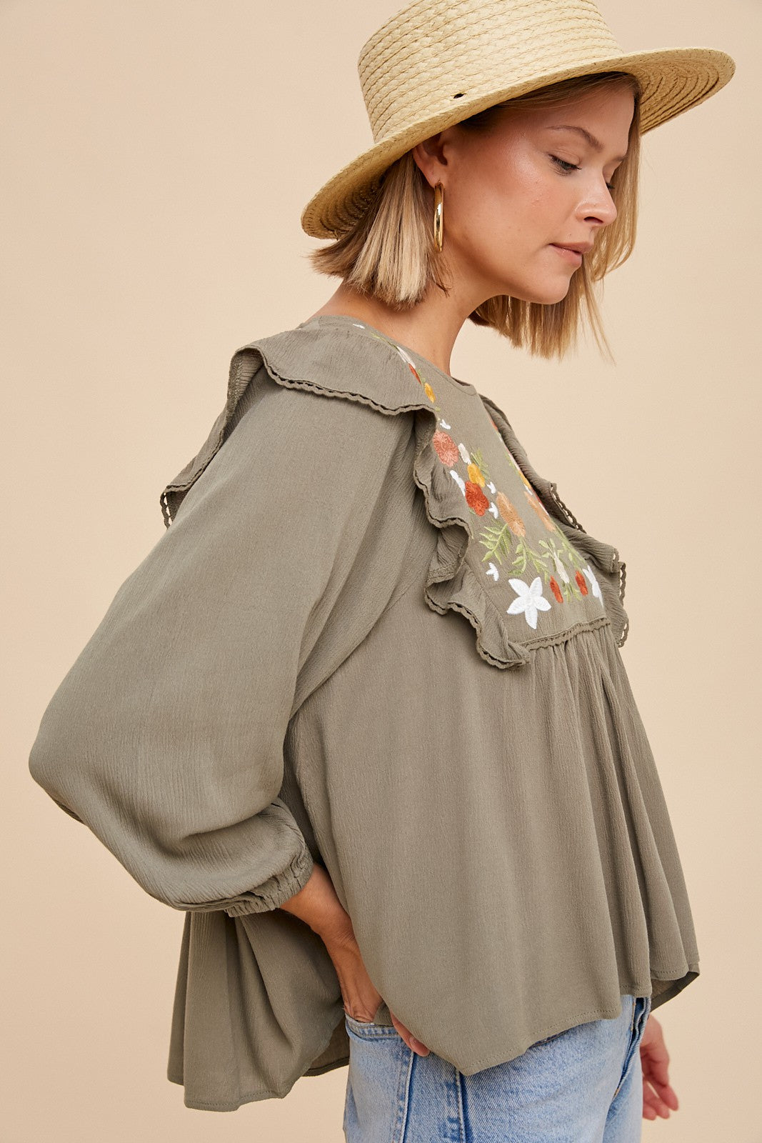 Embroidered Ruffle Shoulder Blouse