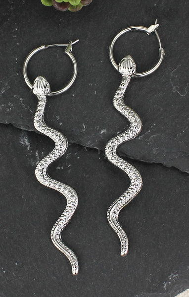 Snake Bite Silver Hoop Serpent Earrings