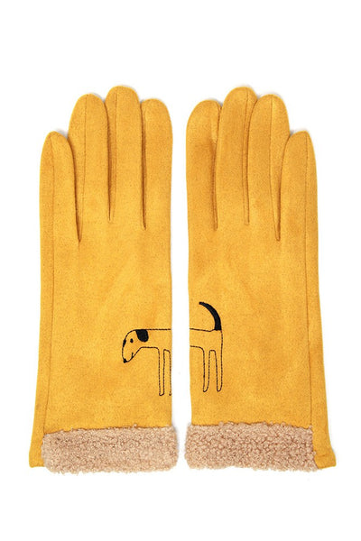 Suede Dog Embroidered Gloves