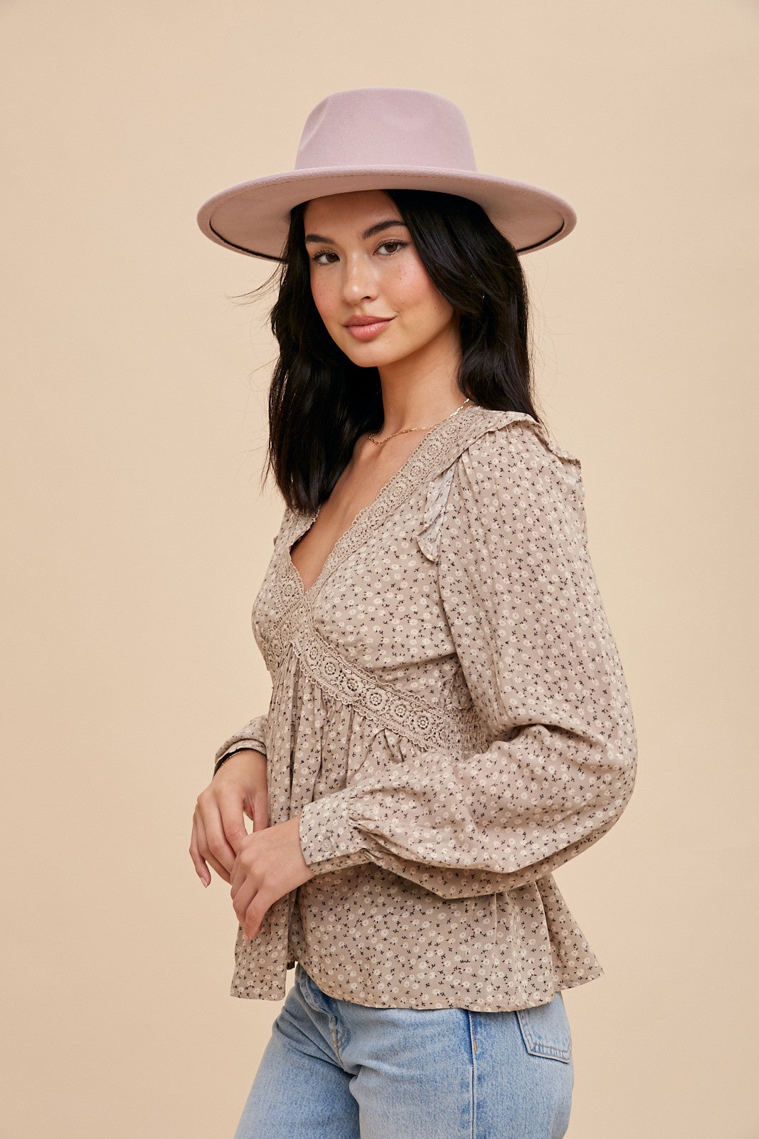 Ditsy Floral V Neck Lace Blouse