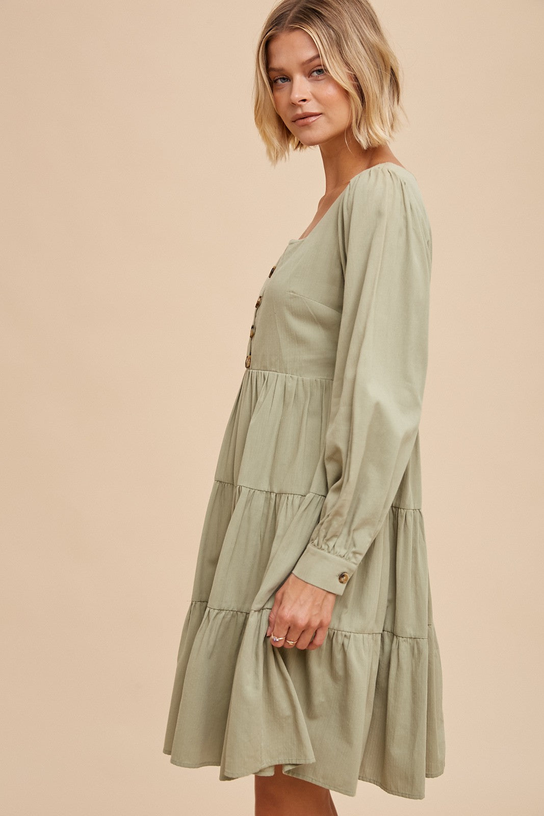Tiered Sage Square Neck Midi Dress