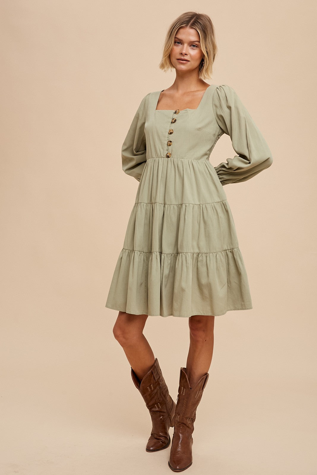 Tiered Sage Square Neck Midi Dress