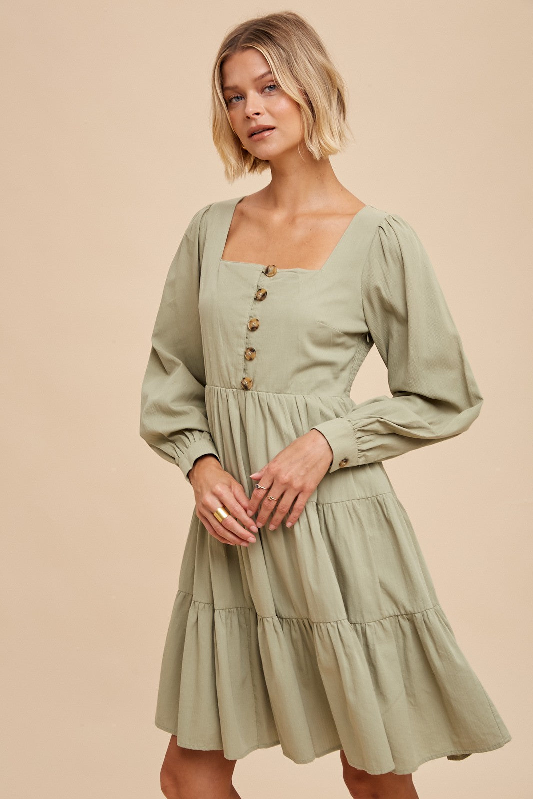 Tiered Sage Square Neck Midi Dress