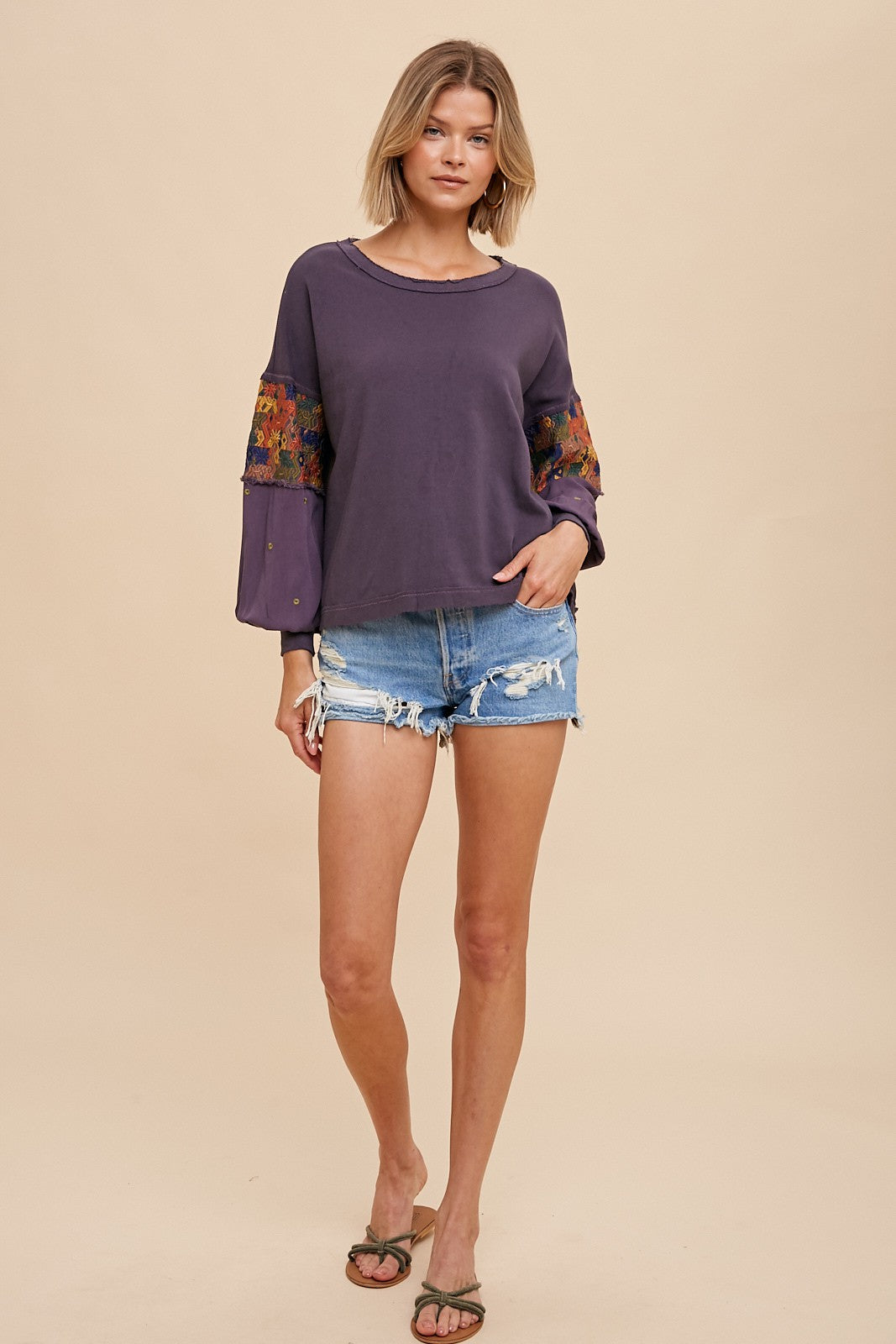 Embroidered Sleeve Long Sleeve Tee