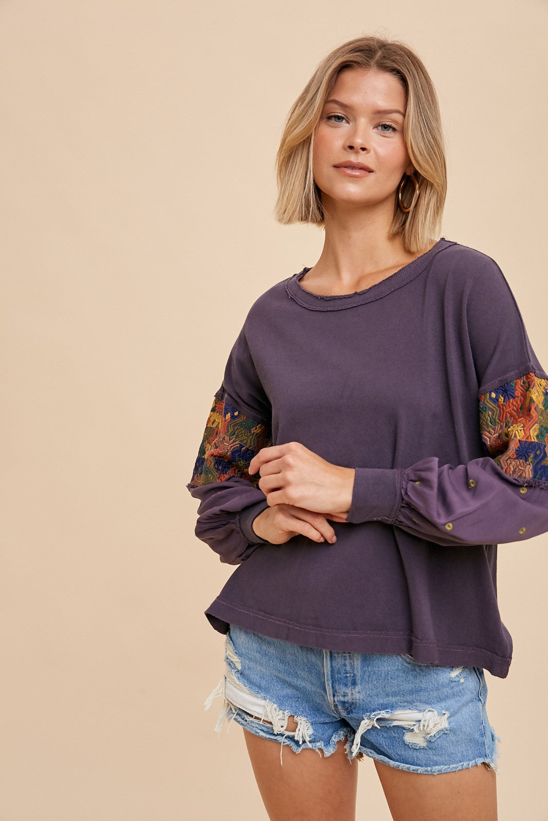 Embroidered Sleeve Long Sleeve Tee