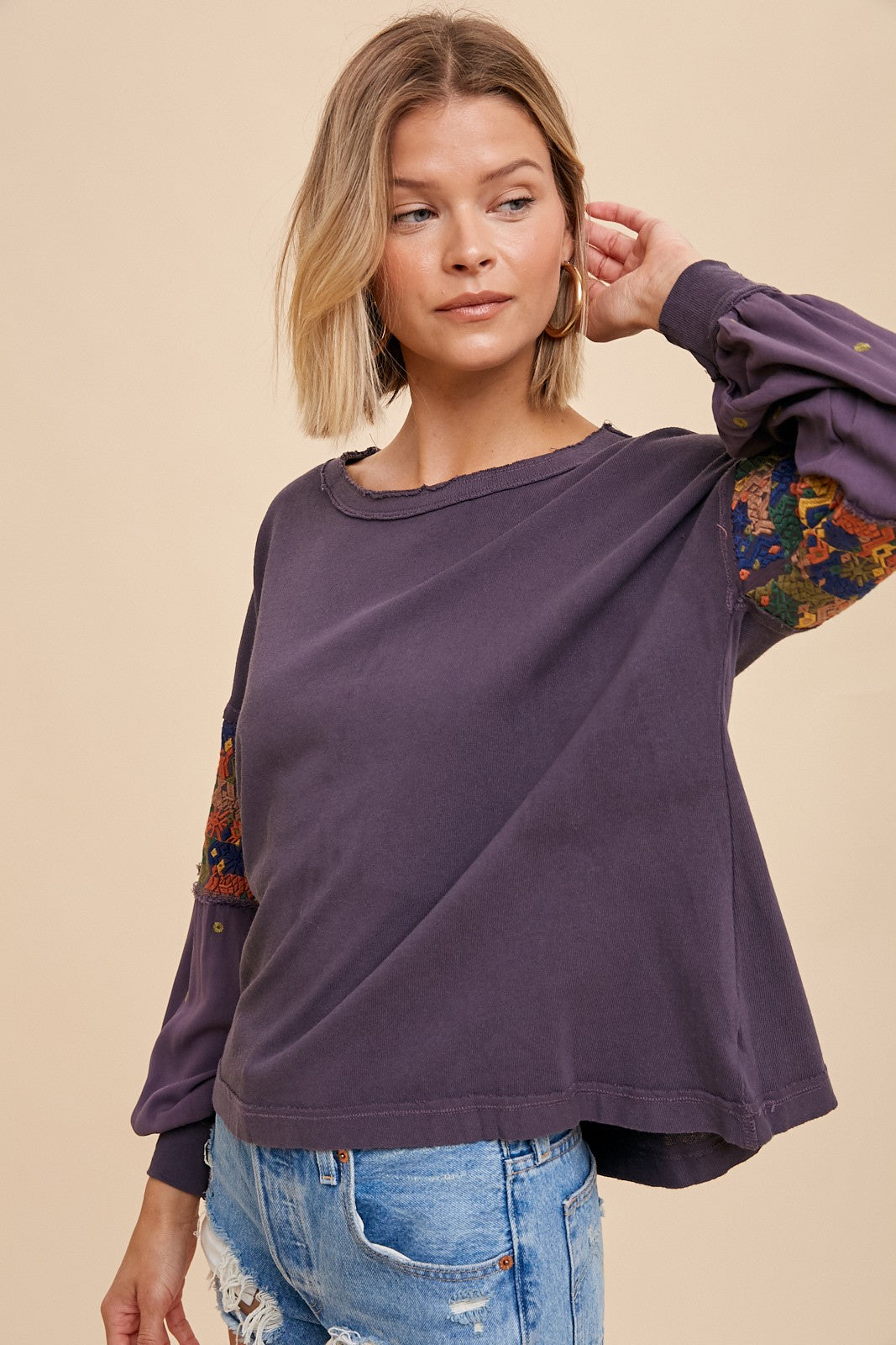 Embroidered Sleeve Long Sleeve Tee