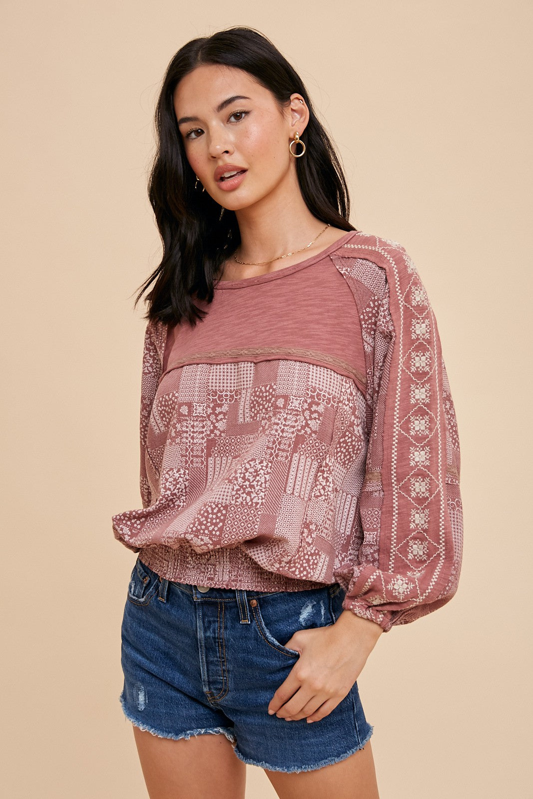 Patchwork Print Long Sleeve Top