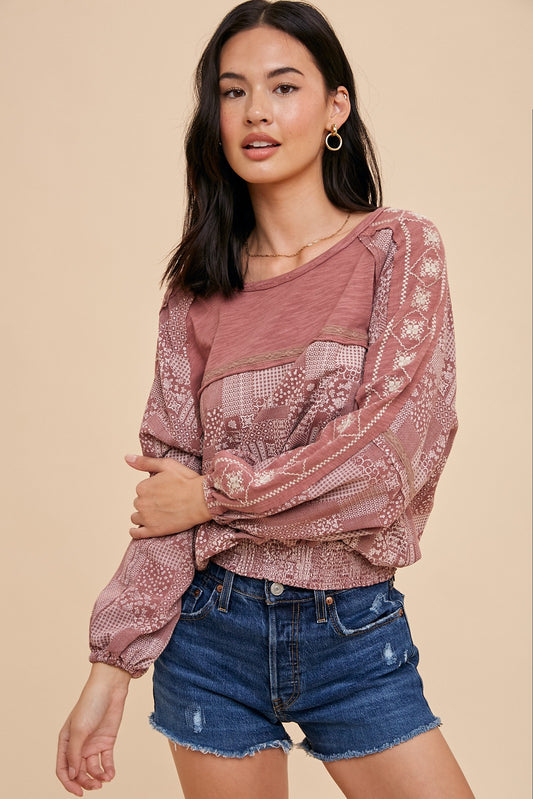 Patchwork Print Long Sleeve Top