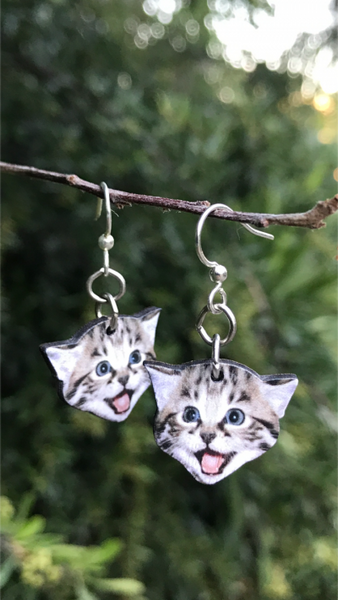 Wooden Playful Kitten Earrings