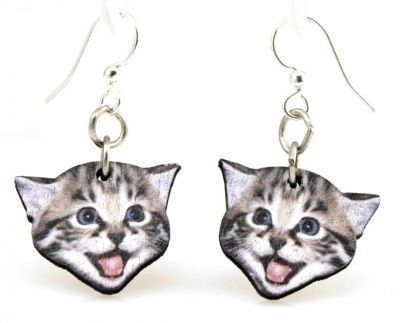 Wooden Playful Kitten Earrings