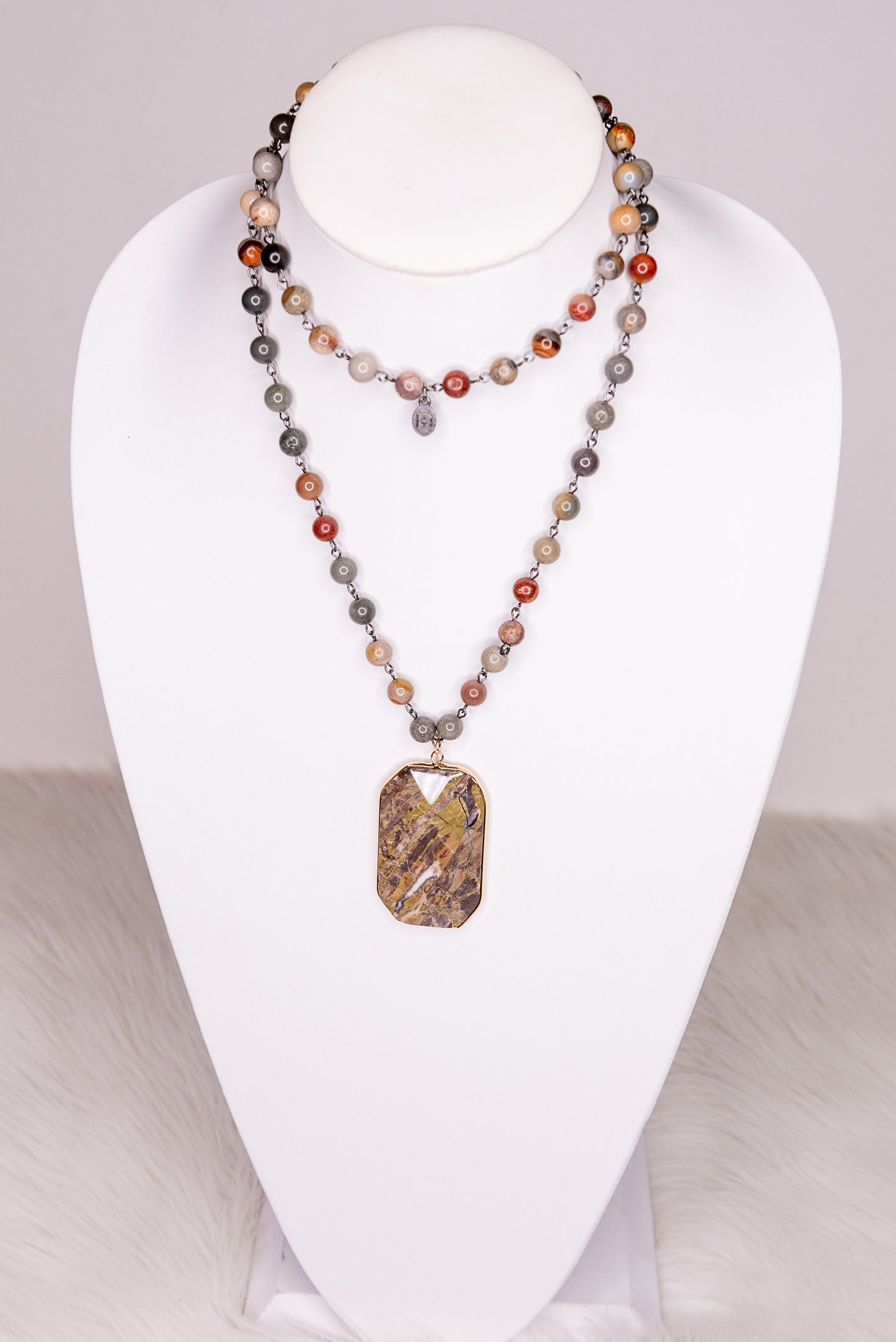 Natural Stone Beaded Rectangle Pendant Necklace