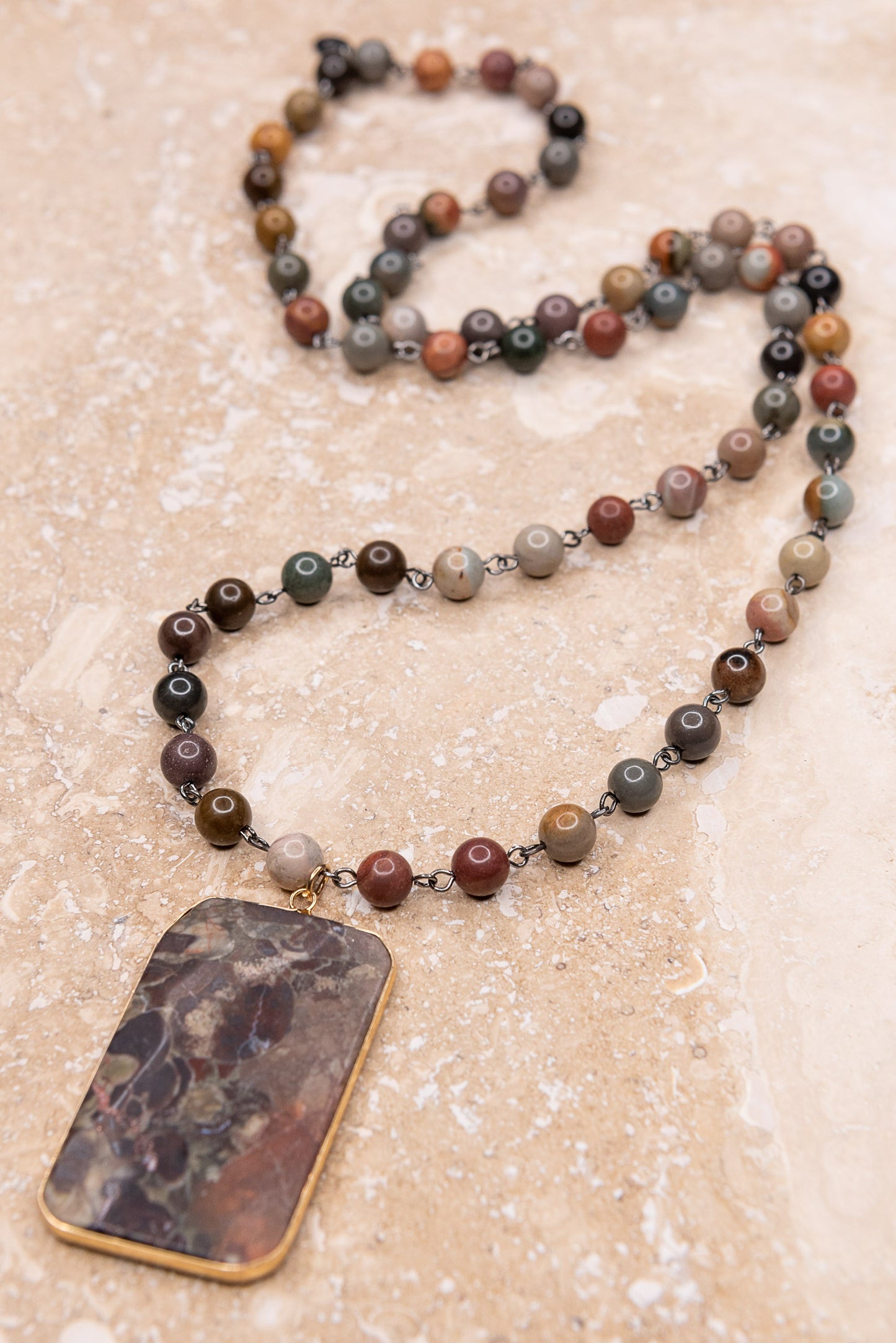 Natural Stone Beaded Rectangle Pendant Necklace