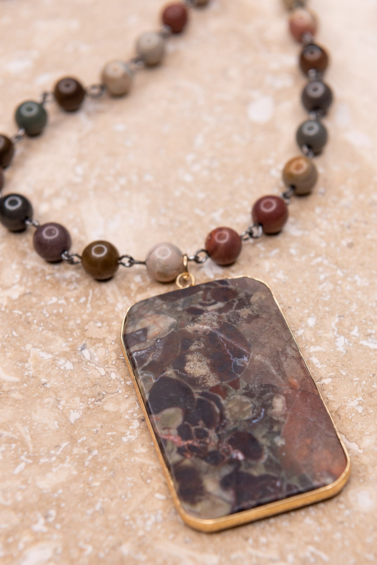 Natural Stone Beaded Rectangle Pendant Necklace