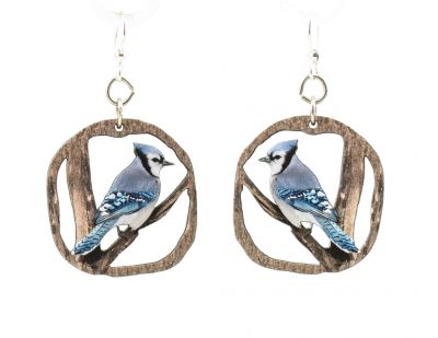 Wooden Blue Jay Earrings