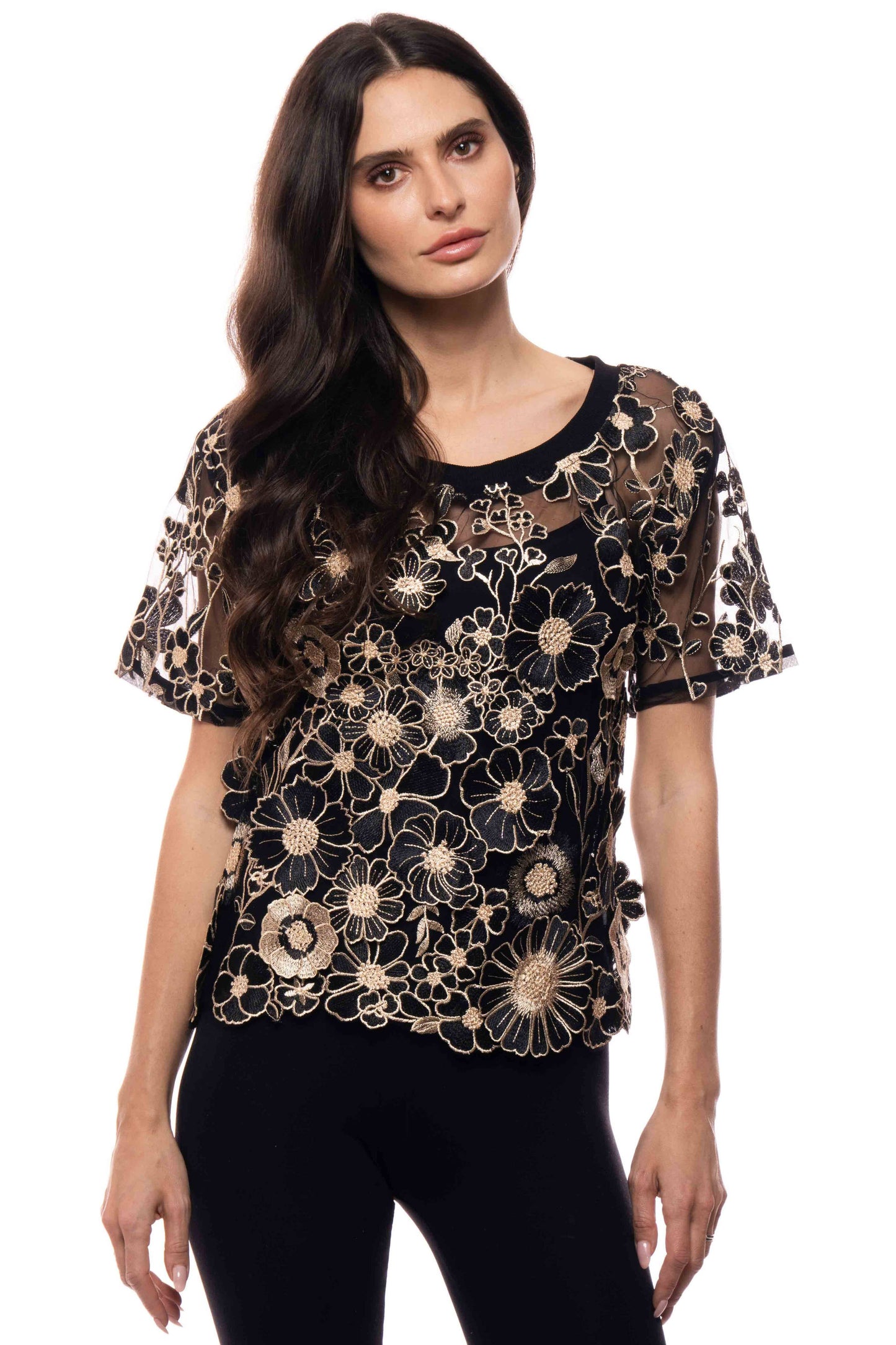 3D Embroidered Black/Gold Mesh Top
