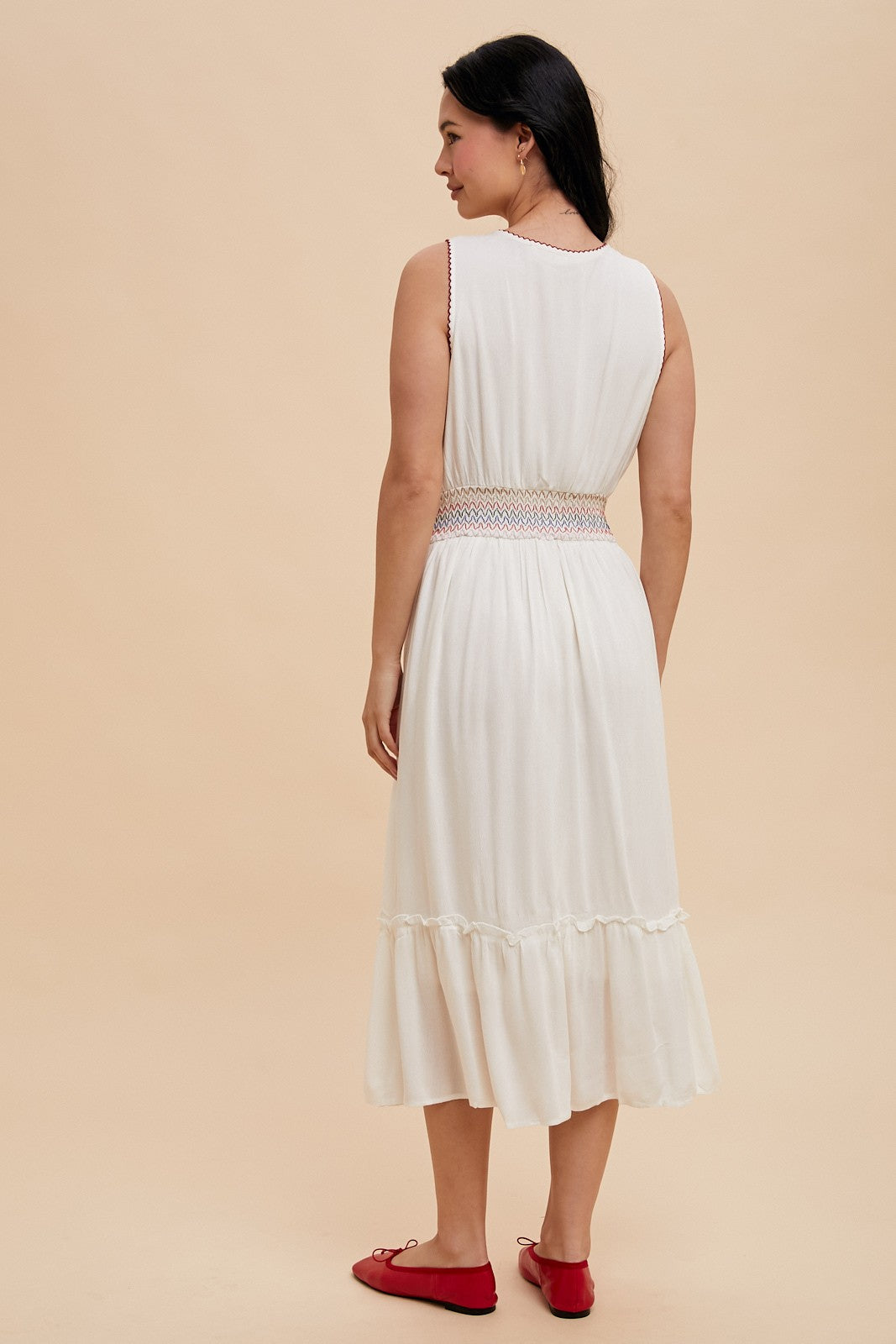 Embroidery Smocked Waist Midi Dress