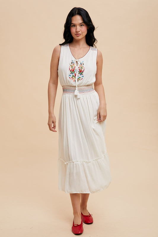 Embroidery Smocked Waist Midi Dress