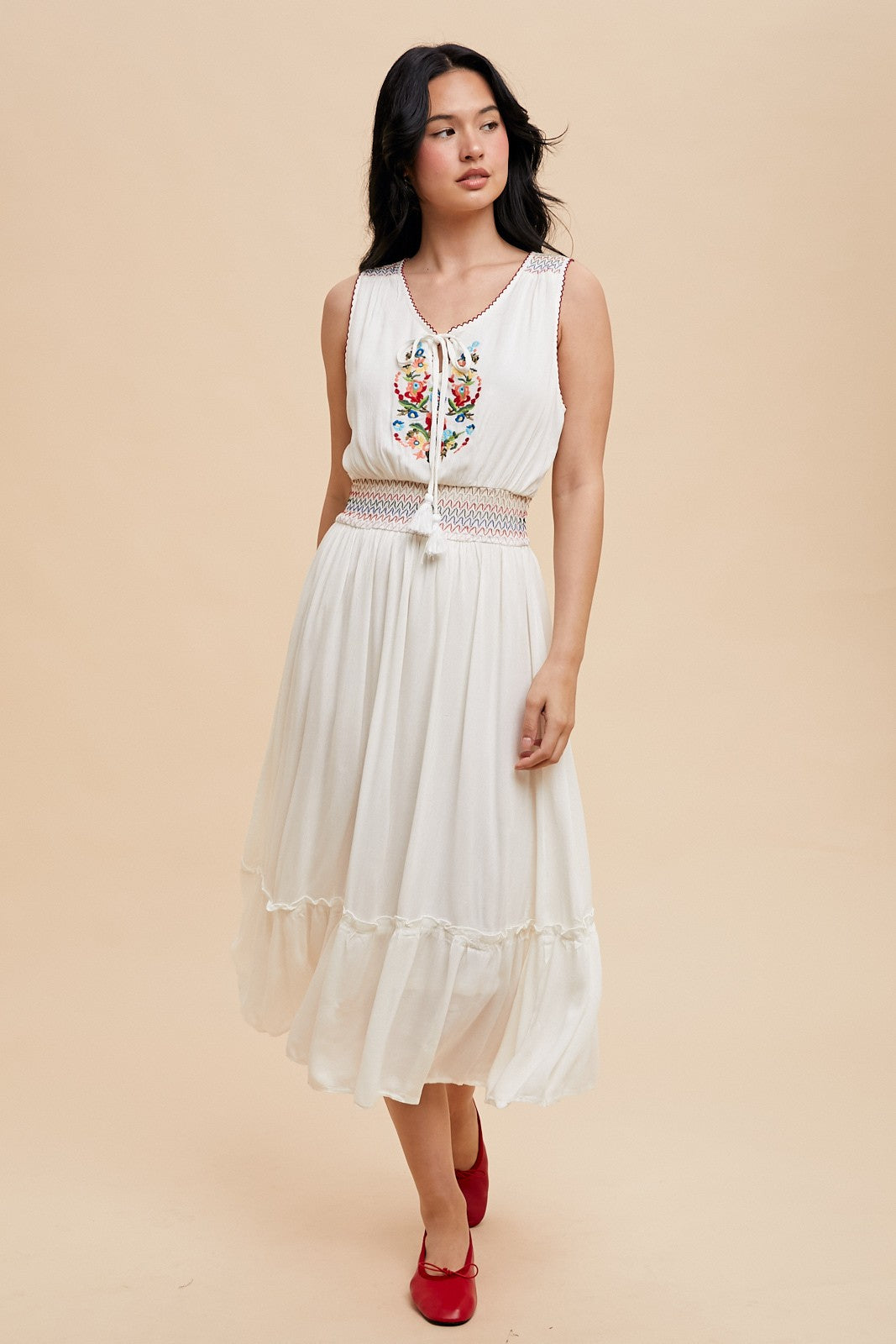 Embroidery Smocked Waist Midi Dress