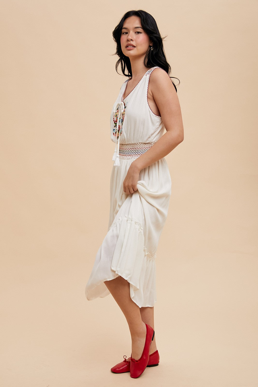 Embroidery Smocked Waist Midi Dress