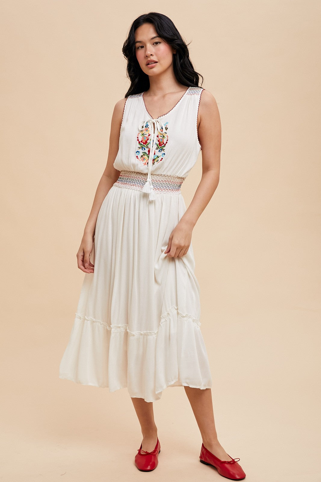 Embroidery Smocked Waist Midi Dress