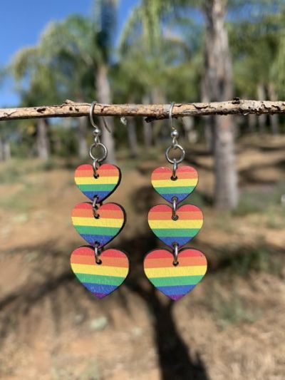 Wooden Rainbow Heart Earrings