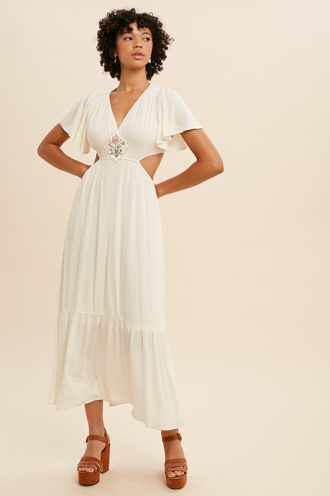 Embroidered Cut Out Midi Dress