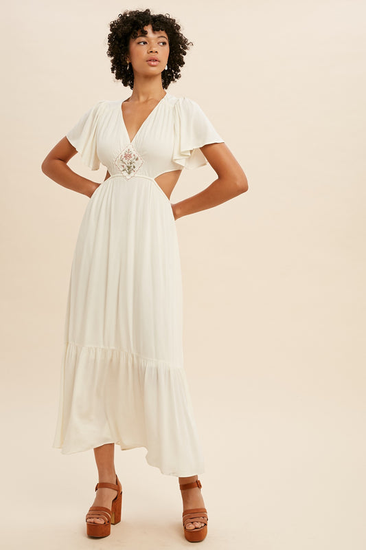 Embroidered Cut Out Midi Dress