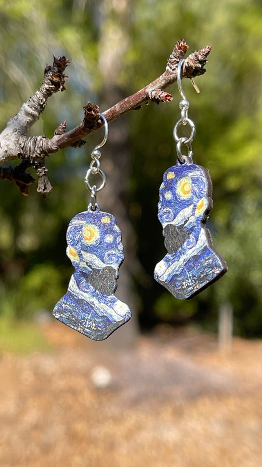 Wooden Van Gogh Starry Night Portrait Earrings