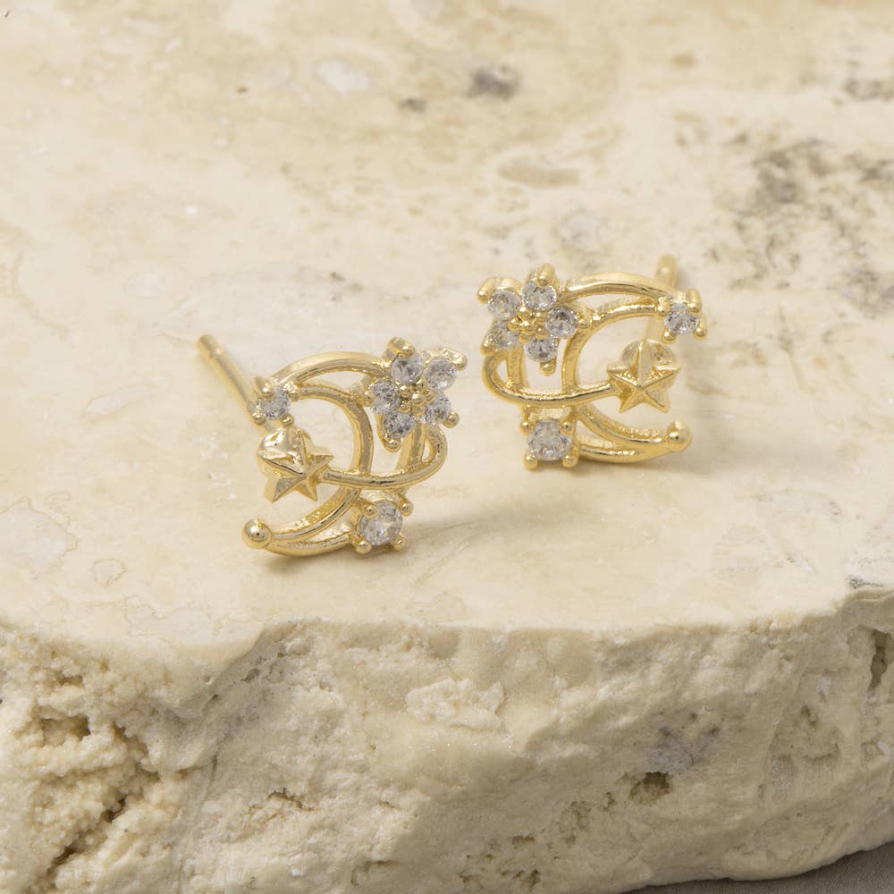 Gold Cz Moon Cluster Stud Earrings