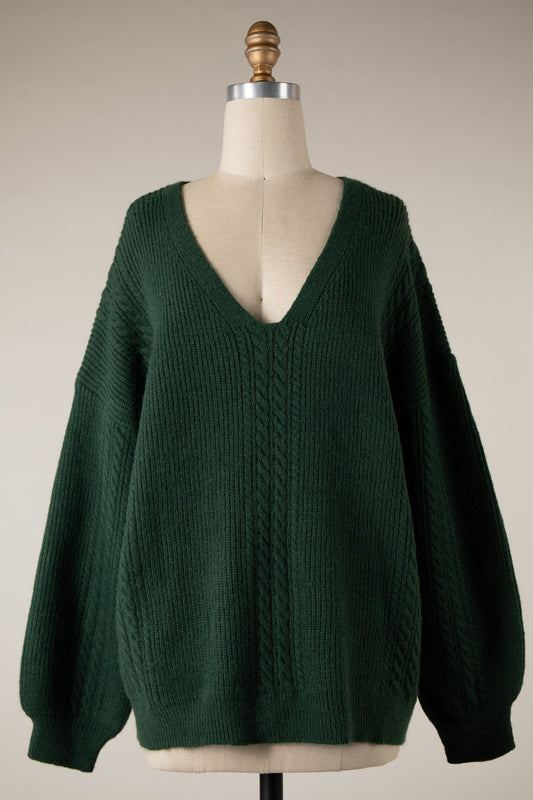 V Neck Braid Knit Sweater