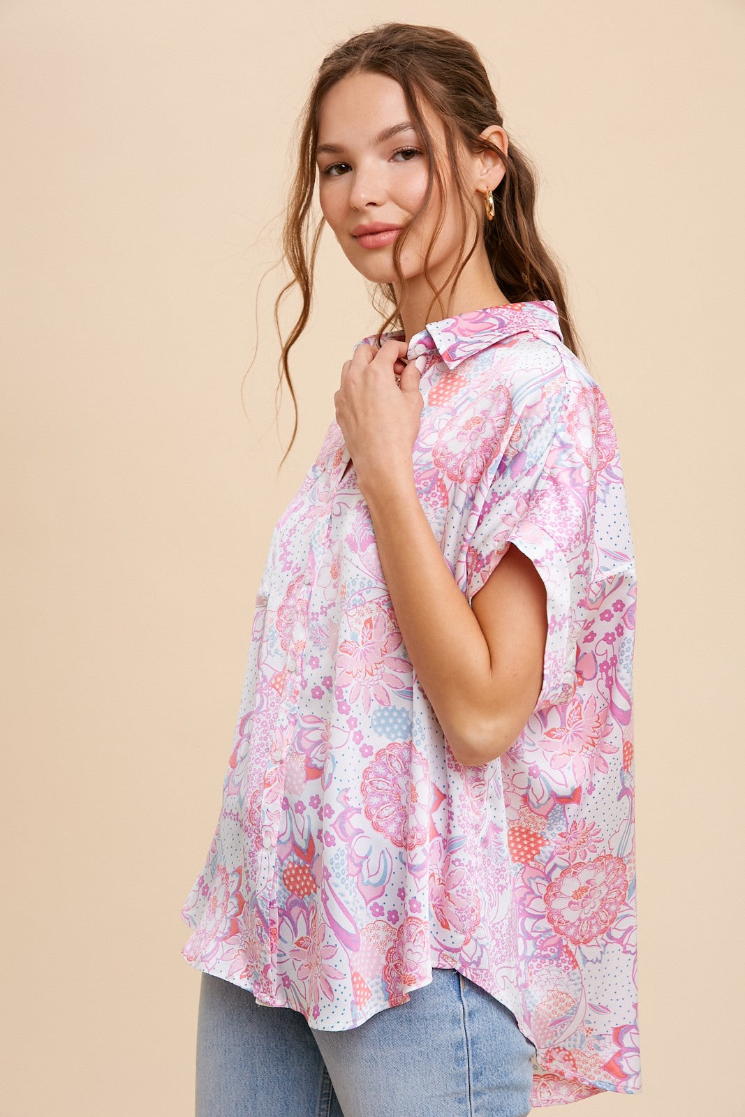 Patterned Satin Button Up Shirt