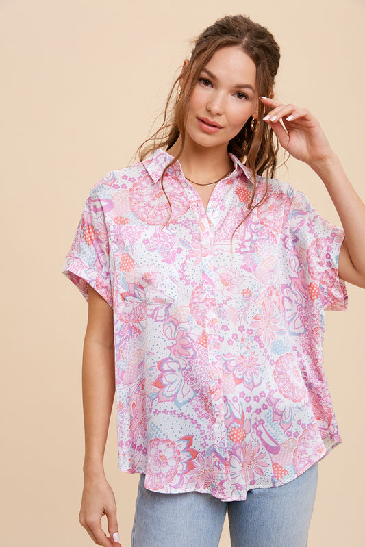 Patterned Satin Button Up Shirt