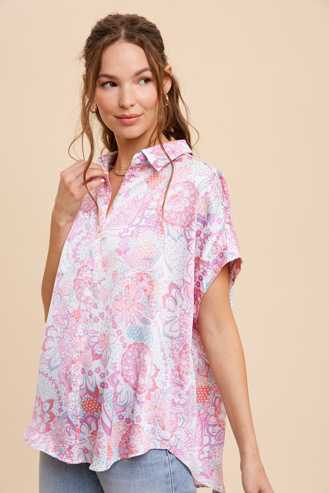Patterned Satin Button Up Shirt