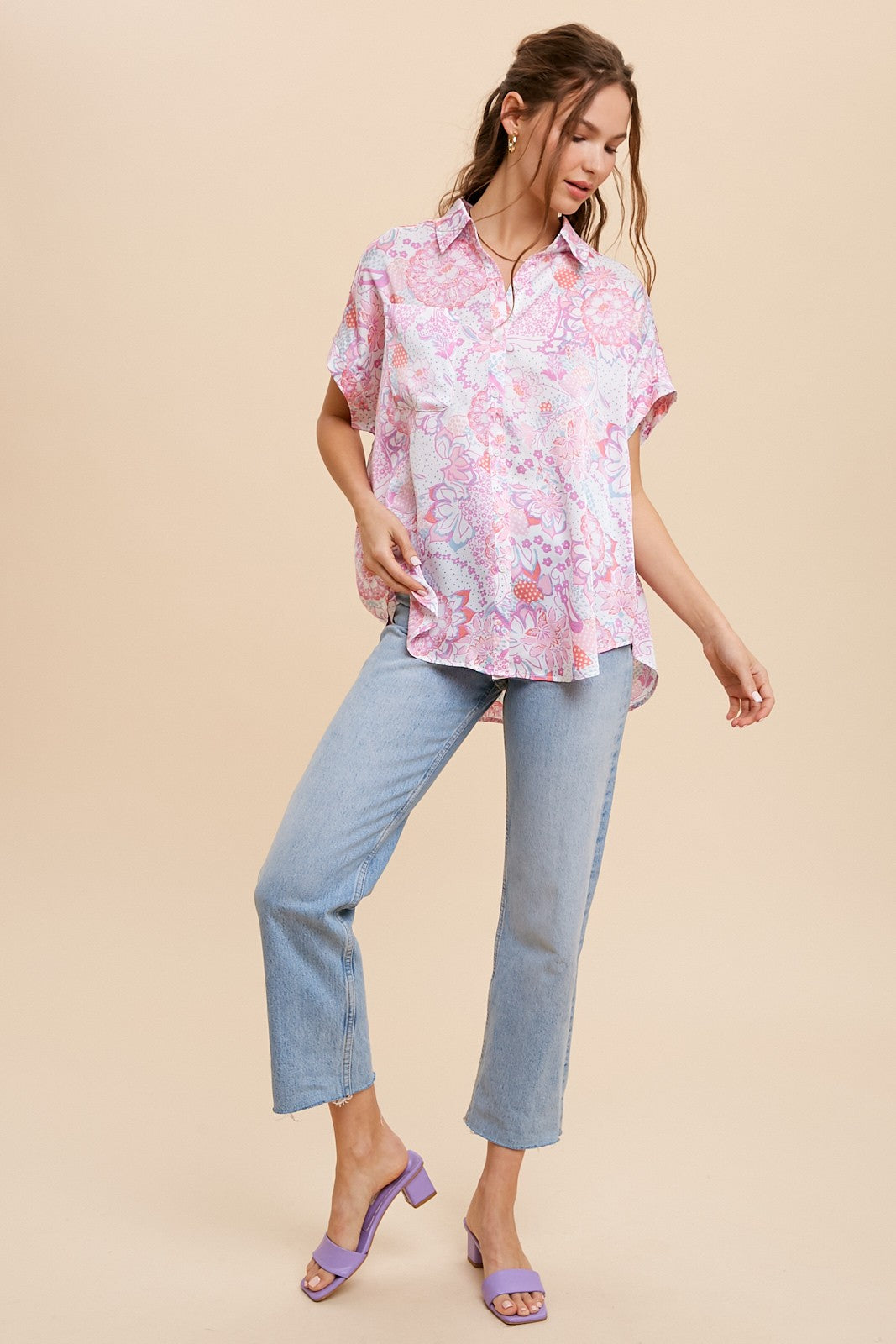 Patterned Satin Button Up Shirt