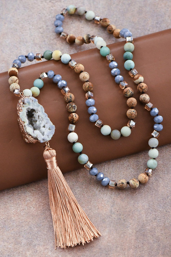 Stone Bead Necklace with Druzy Tassel Pendant