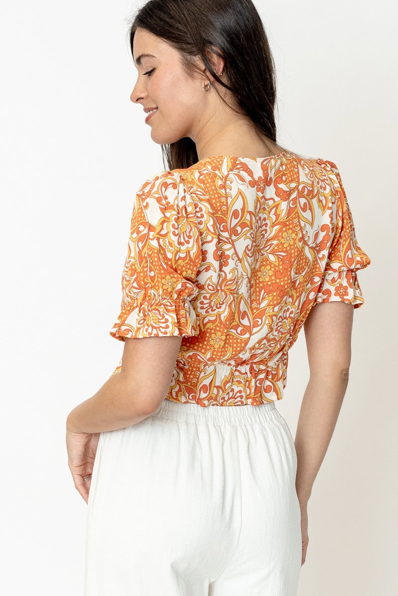 Retro Print Ruffle Cropped Top