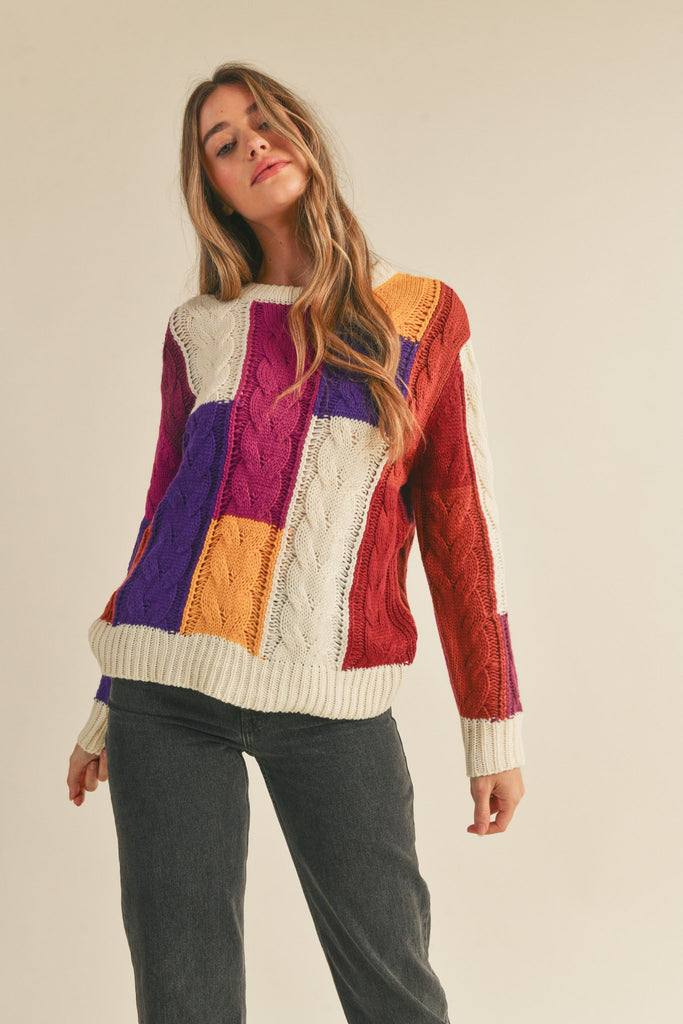 Soft Colorblock Cable Knit Sweater