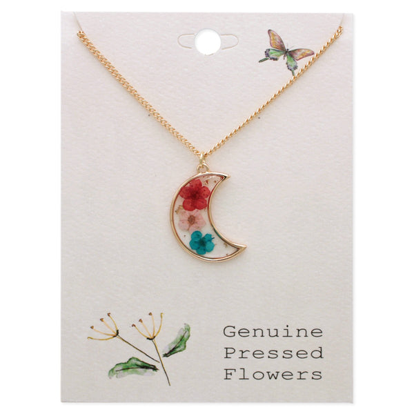 Multi Dried Flower Gold Moon Necklace