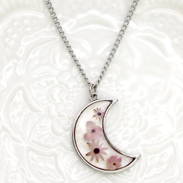 Silver Moon Dried Flowers Necklace