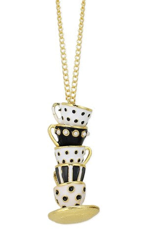 Mad Hatter Black Teacup Stack Gold Necklace